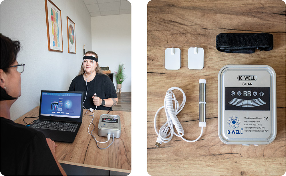 links: Erfassung eines Scans // rechts: IQ-Well® Scanner mit Prüfsonde und Elektroden
